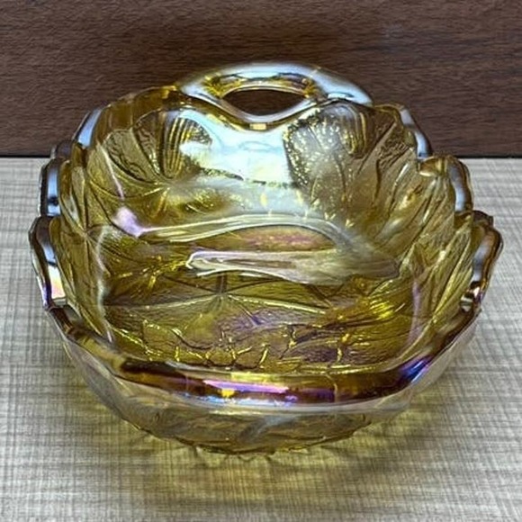 Vtg Retro Sunflower Floral Amber Lustre Glass Candy Dish Relish Condiment - Picture 7 of 10